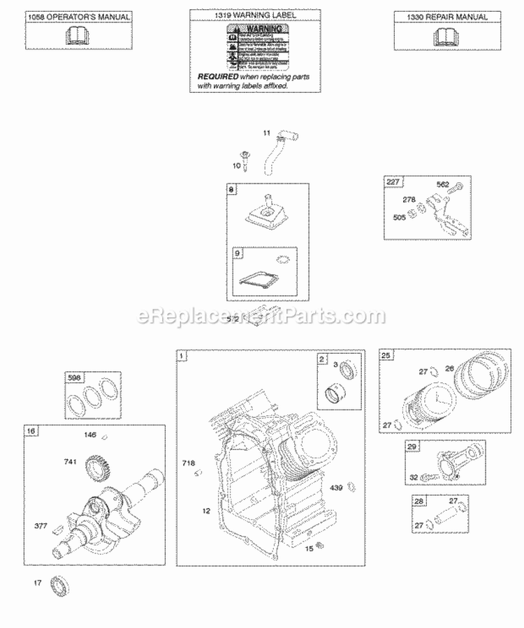 Camshaft Crankshaft Cylinder PistonRingsConnecting Rod Diagram and Parts List for 297447-0159-G2  Briggs and Stratton Engine
